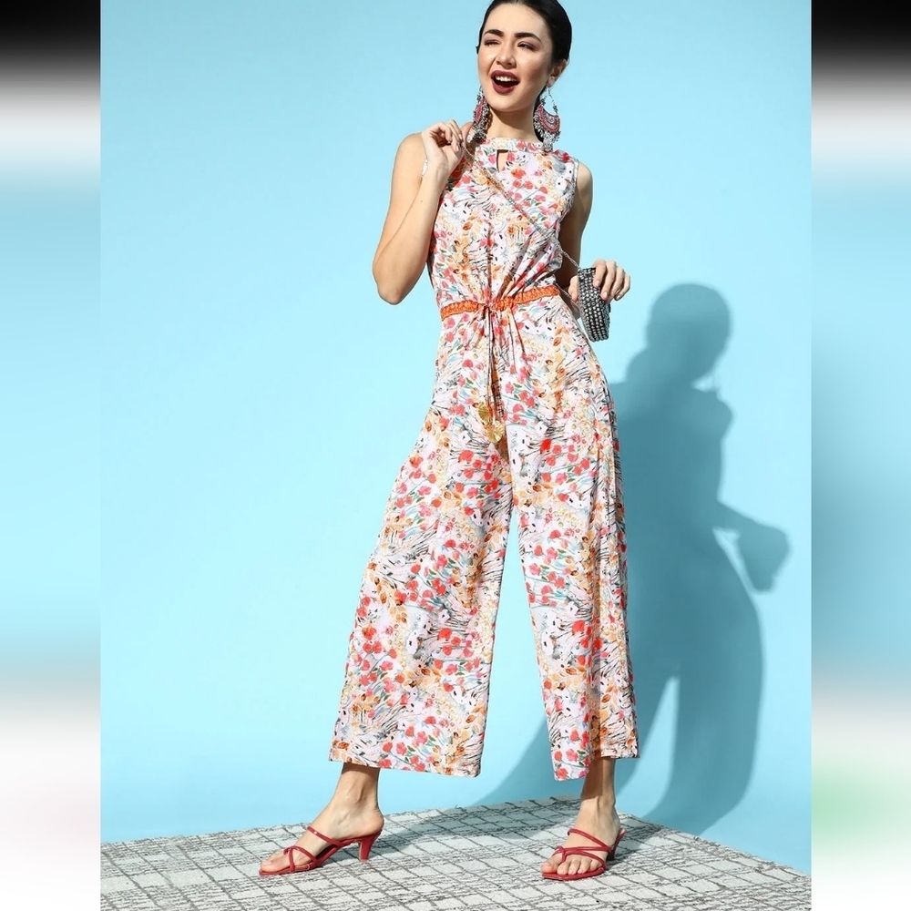 Pink Crepe Digital Print womens Floral Jumpsuit size Medium.